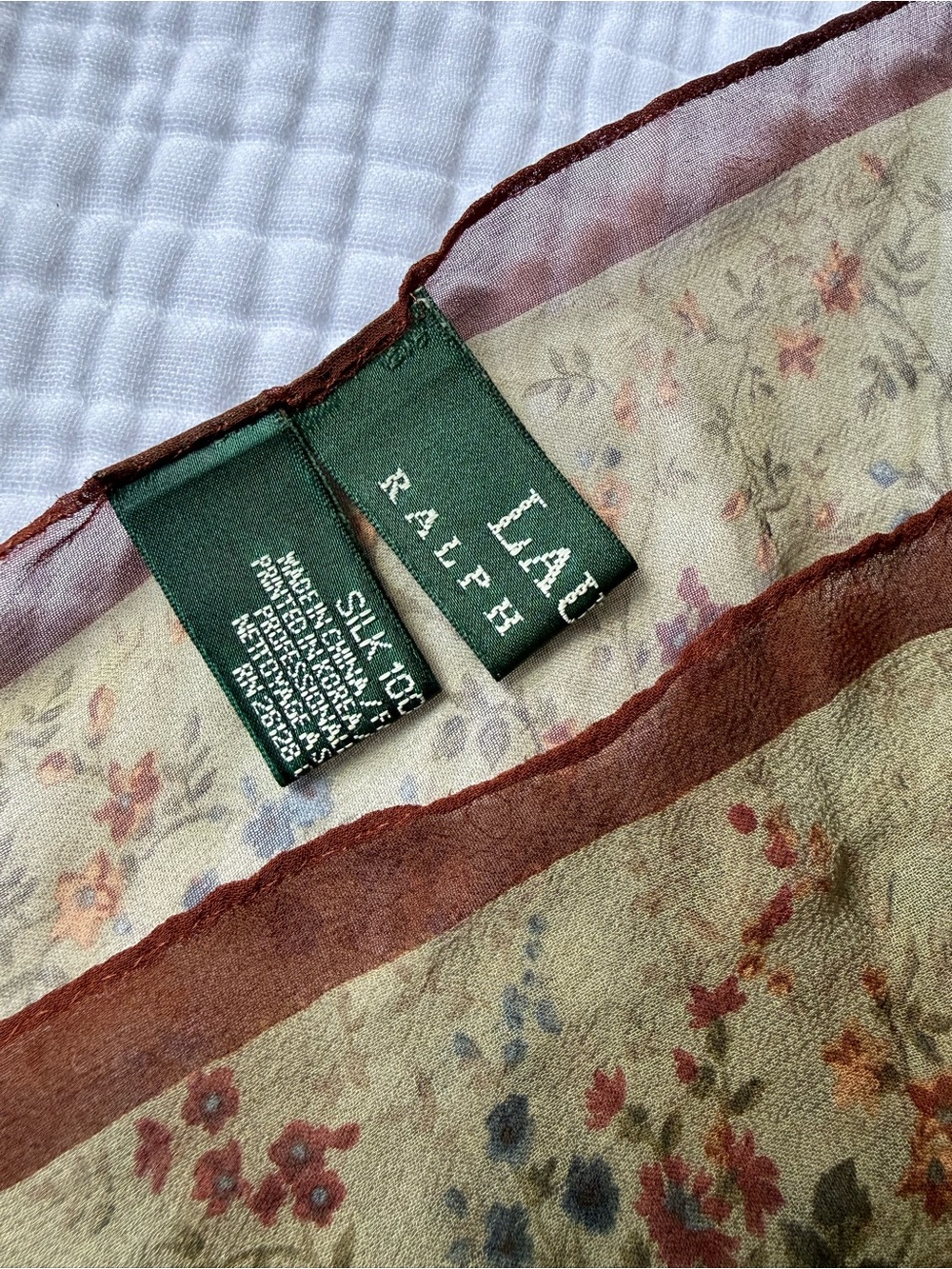 Ralph Lauren Sheer Floral Silk Scarf in Cream with Brown Trim
